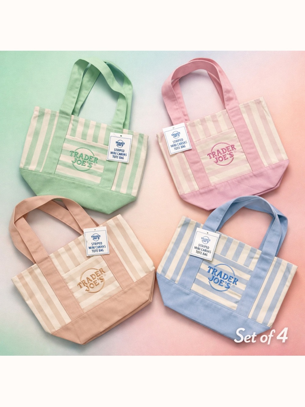 Trader Joe's Pastel Stripe Canvas Tote Bag Set - Pink, Green, Blue, Tan